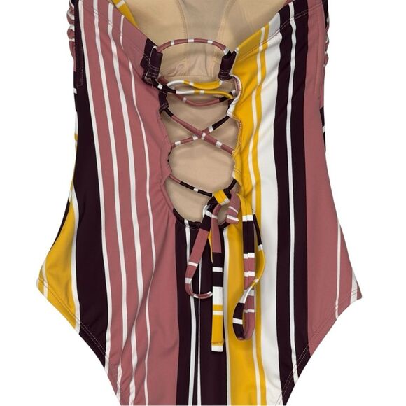 Kona Sol Variegated Stripe One Piece Swimsuit Bandeau Lace Up - Size Small 4-6 - Picture 3 of 9